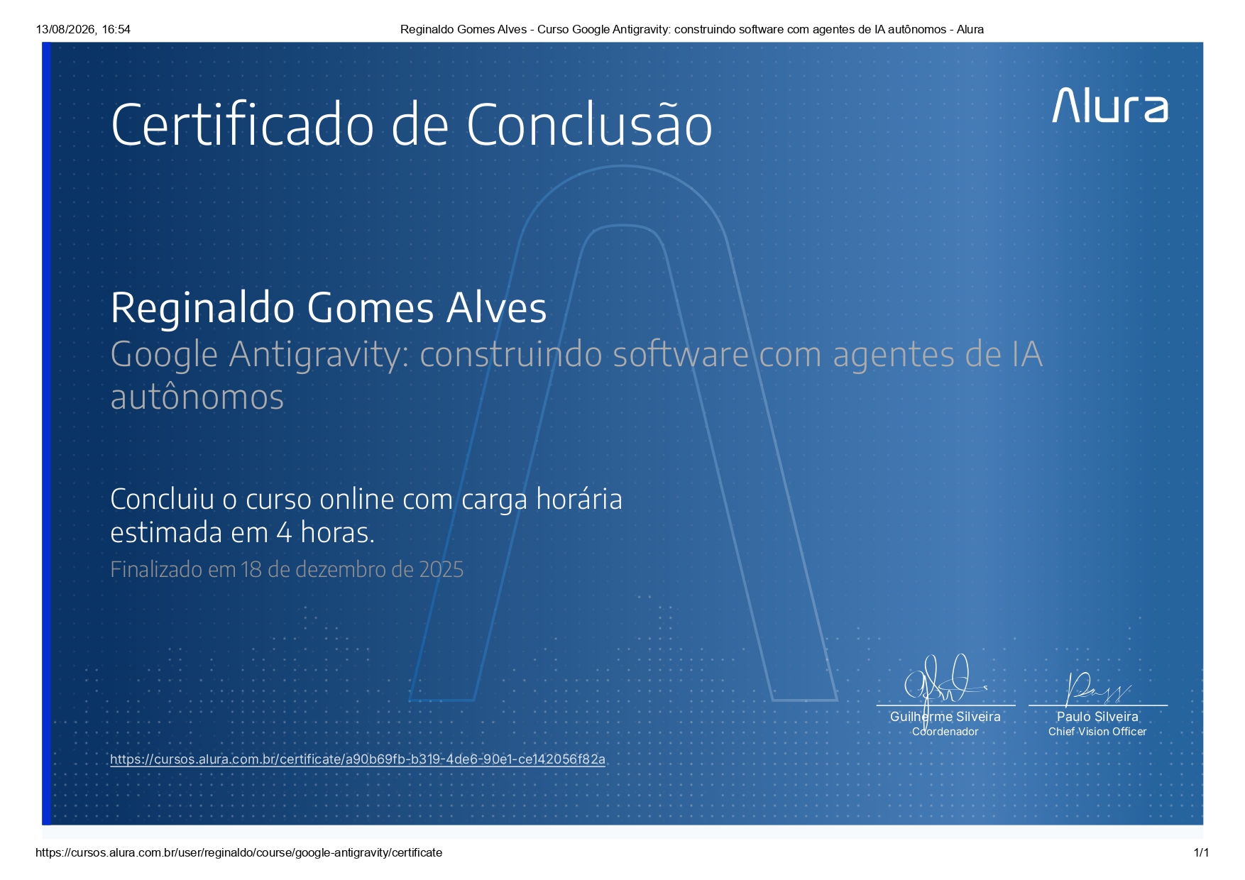 Certificado da Alura emitido para Reginaldo Gomes Alves pelo curso Google Antigravity: construindo software com agentes de IA autônomos